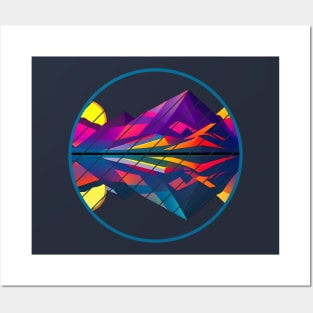Synthwave Mountains: Cubist Geometric Lake and Mountain Sunset Posters and Art
